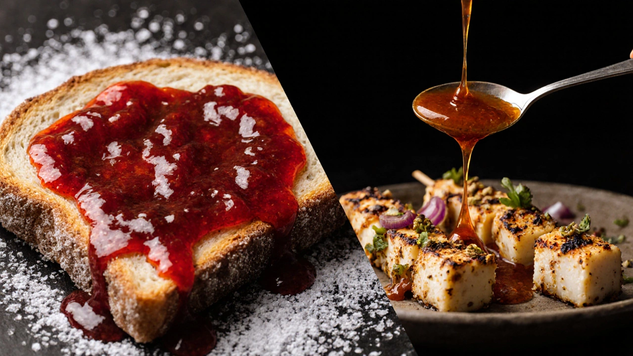 Split image: jam on toast vs chutney on grilled kebabs, showing sweet and savory contrast.