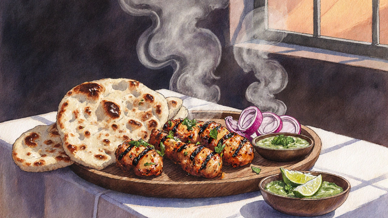 Tandoori chicken with naan, mint chutney, and onions on a wooden platter, steam rising gently.
