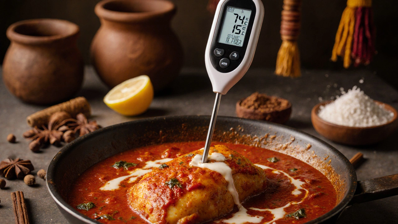 Thermometer showing 74°C in chicken simmering in spiced curry sauce.