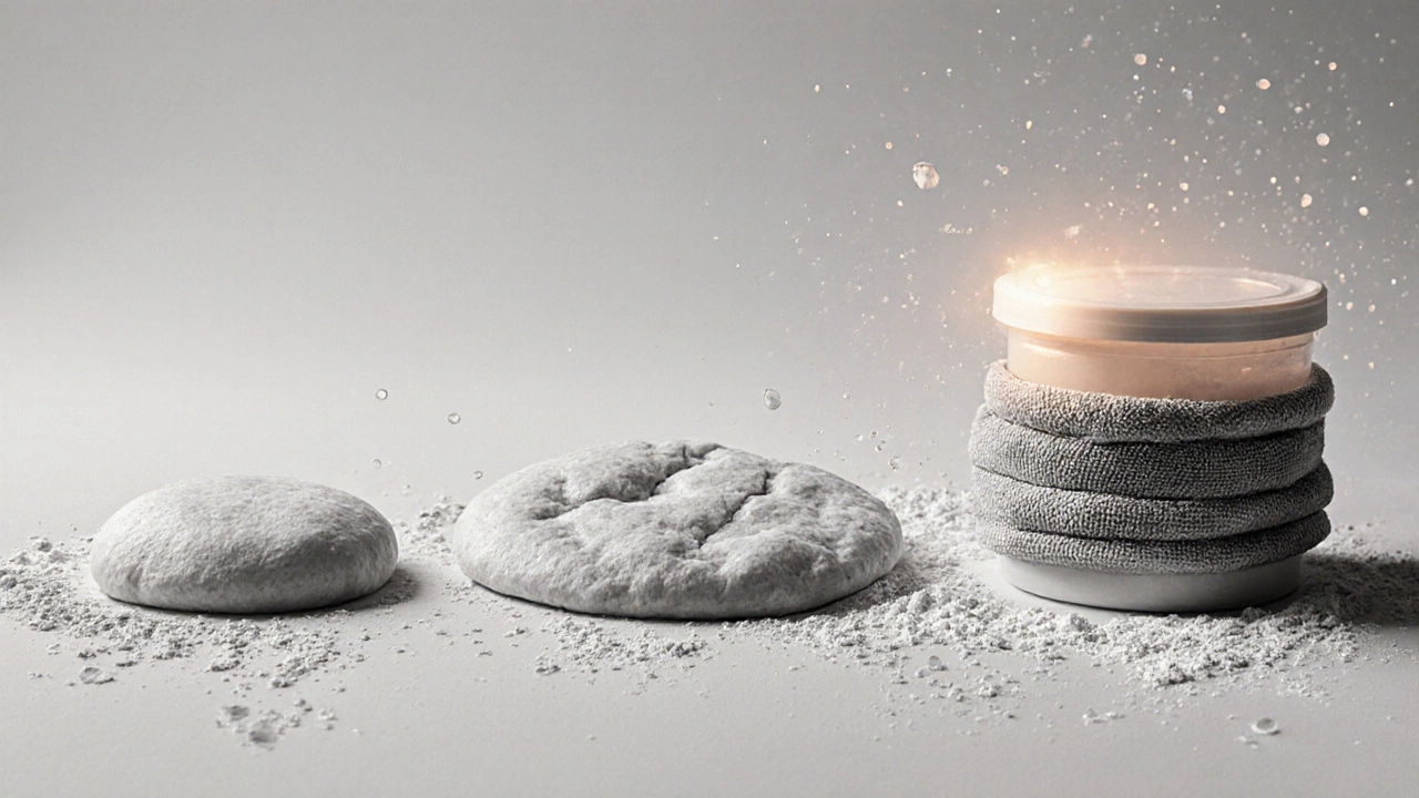 Three rotis showing stages of freshness, preserved one centered in a towel-wrapped container.