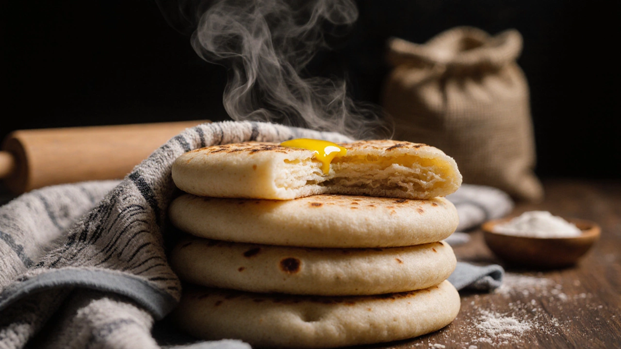 Three soft rotis stacked under a towel with a hint of ghee on top.
