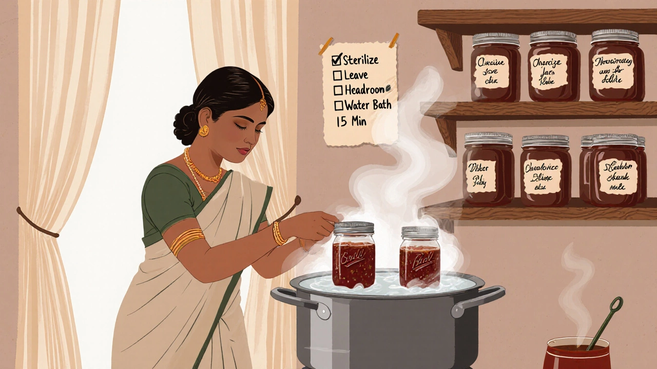 Woman sealing chutney jars in a water bath canner, steam rising, vintage kitchen setting.