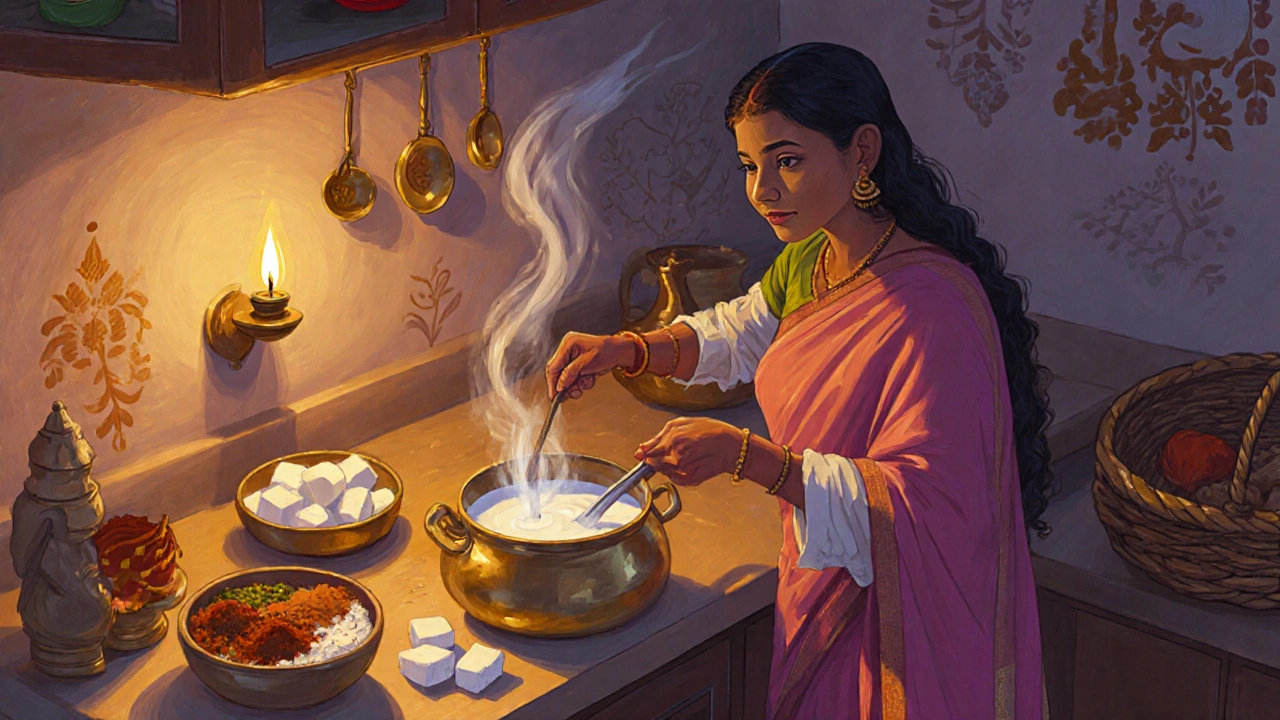 Woman stirring hot milk with yogurt to make soft paneer in a traditional Indian kitchen.