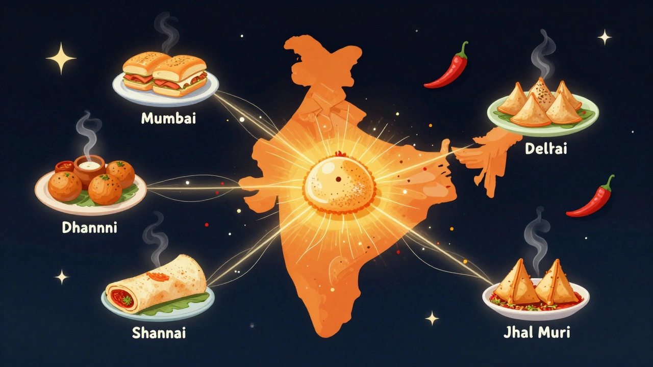 A symbolic map of India with glowing street food icons connected by spice trails, representing regional culinary diversity.