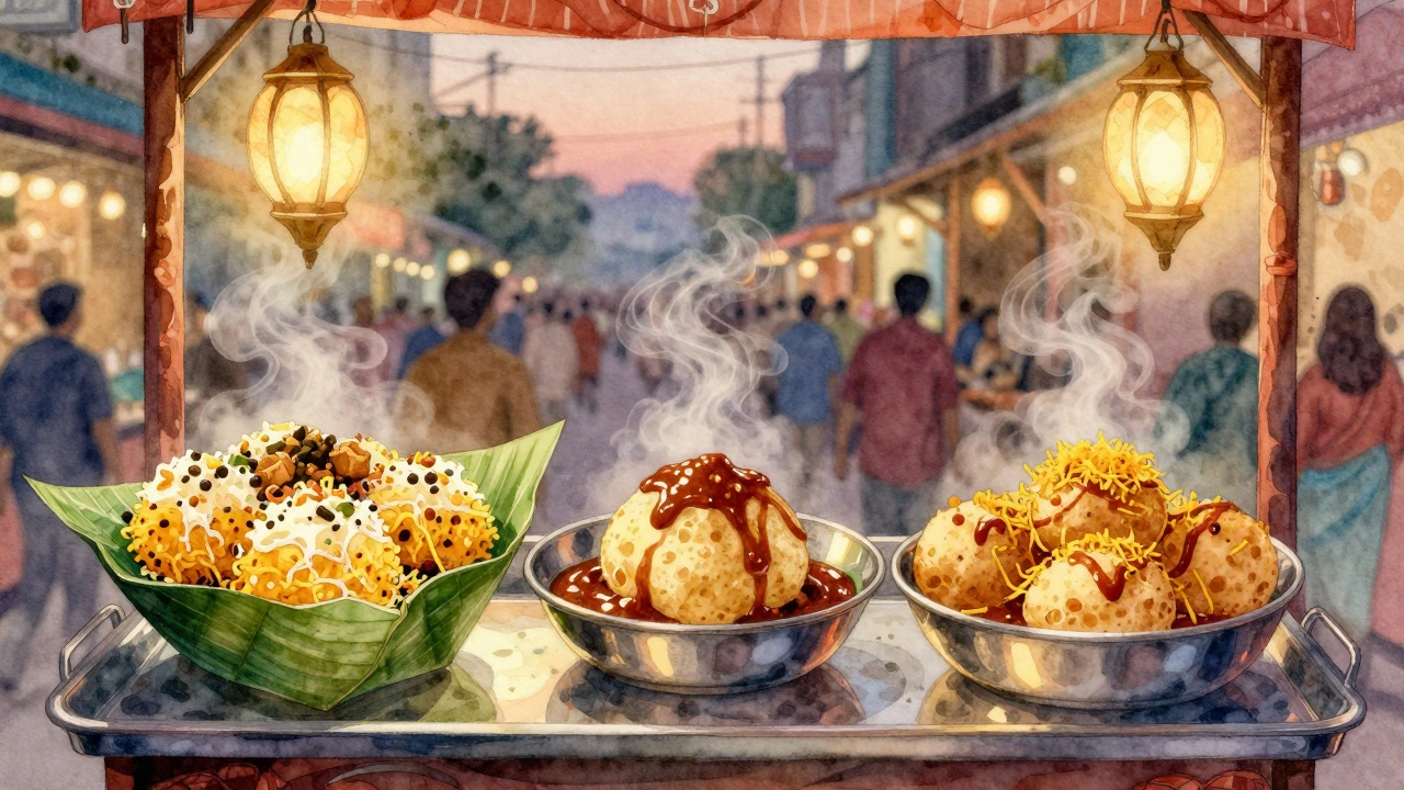 A vibrant Delhi chaat stall at dusk featuring bhel puri, aloo tikki, and sev puri on display under lantern light.