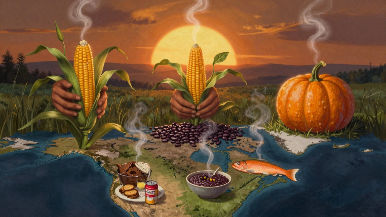 Ancestral corn, beans, and squash spirits connected to regional Native breakfasts.