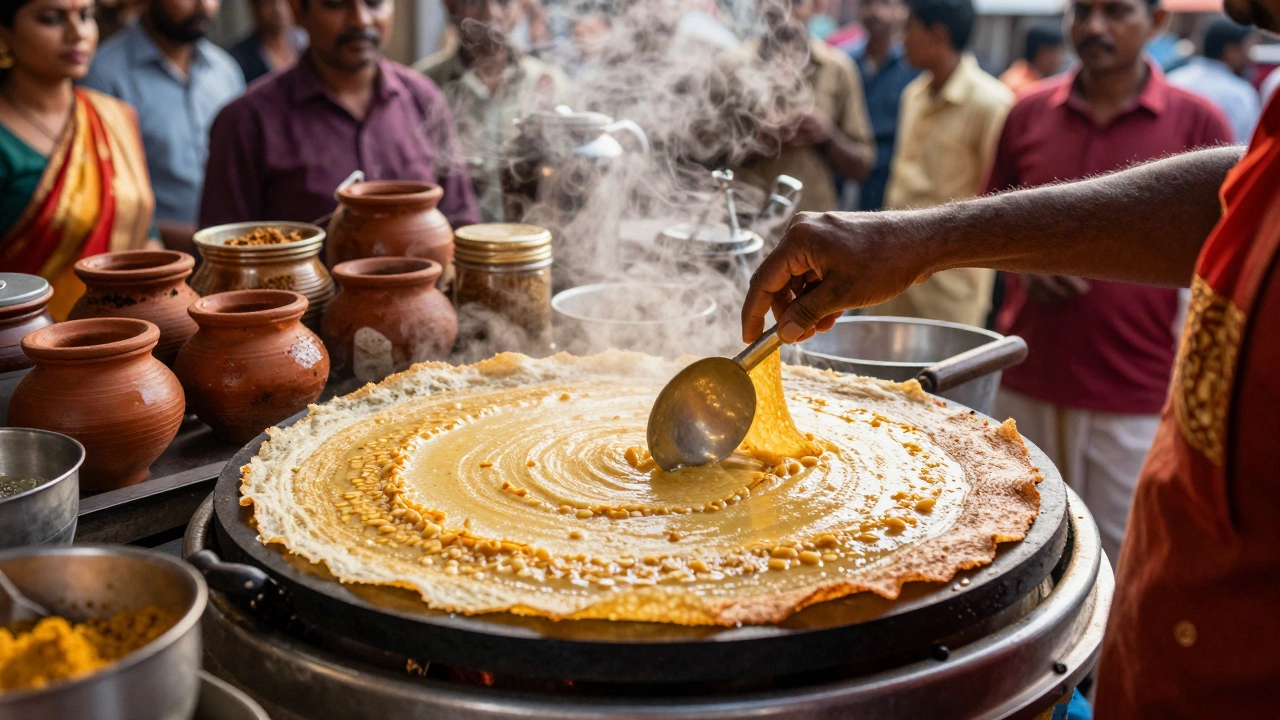 Chef pouring dosa batter on a hot griddle at a street stall, crisp edges forming, steam rising.