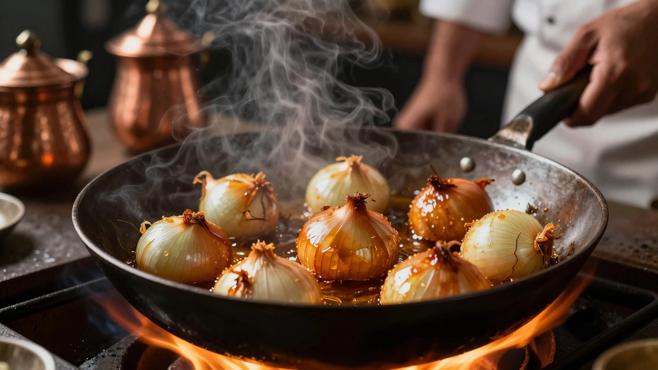 Chef slowly caramelizing onions in a kadai over low flame.