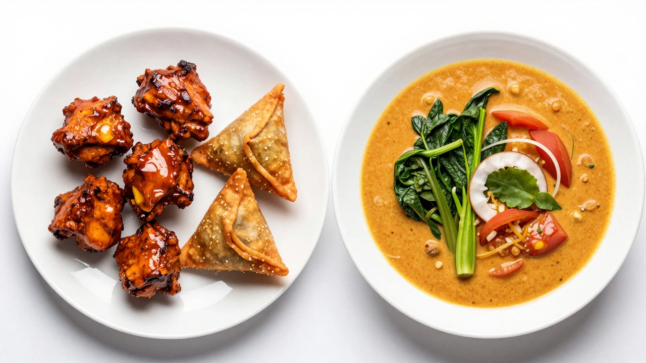 Contrasting plates: greasy Indian fried foods vs. light steamed curry.