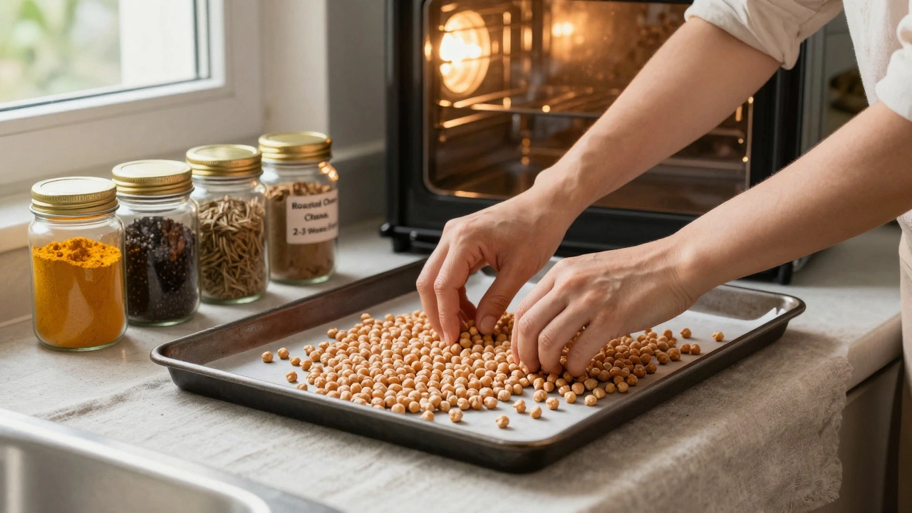 Hands placing chickpeas on baking sheet with spices and glass jar nearby