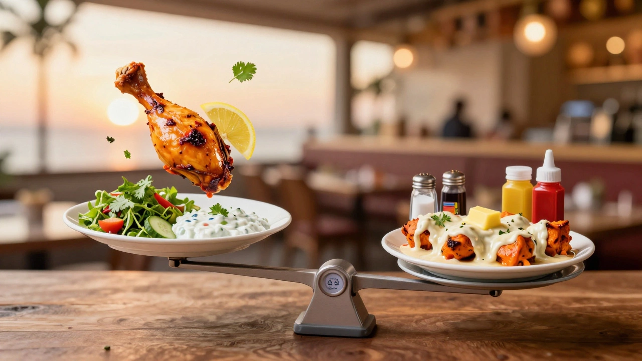 Health scale balancing tandoori chicken with salad against creamy chicken tikka with hidden fats and dyes