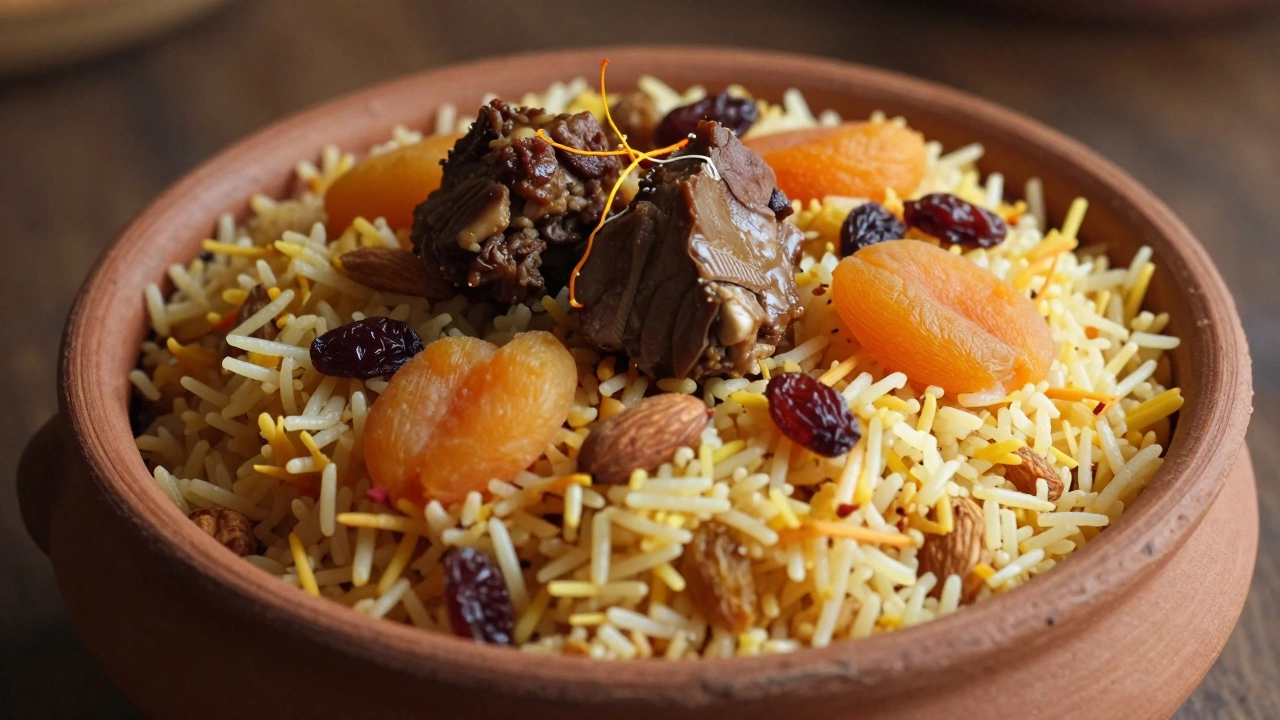Layered biryani in clay pot with dried fruits and saffron, no sugar visible.