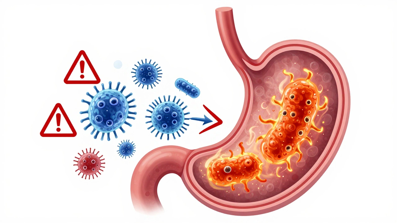 Medical illustration showing good and bad bacteria in a stomach cross-section.