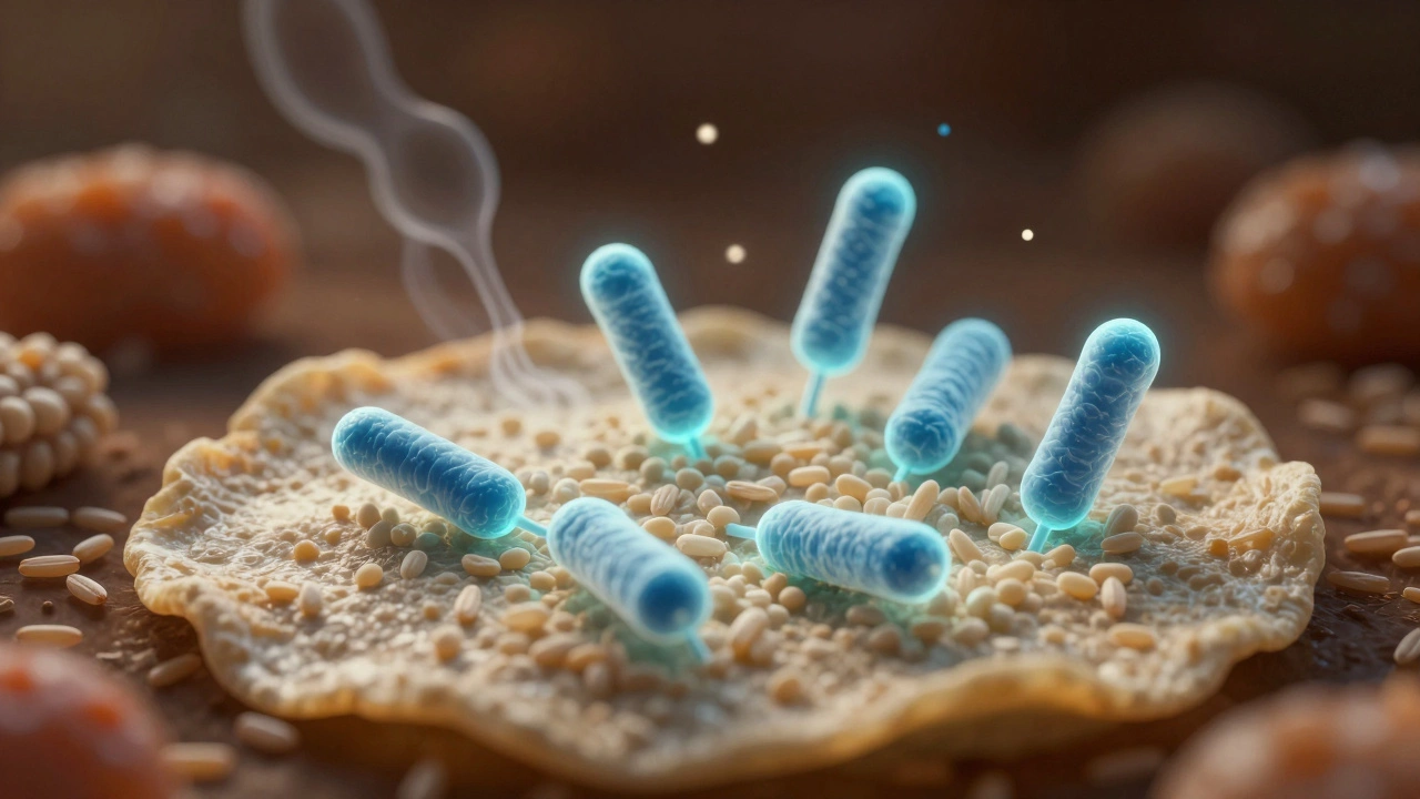 Microscopic view of bacteria feeding on starch from poha in fermented dosa batter.