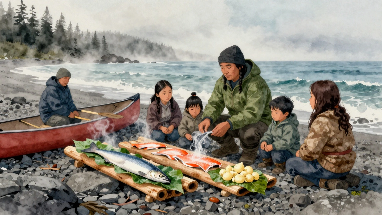 Pacific Northwest family preparing smoked salmon and wild plants at sunrise.