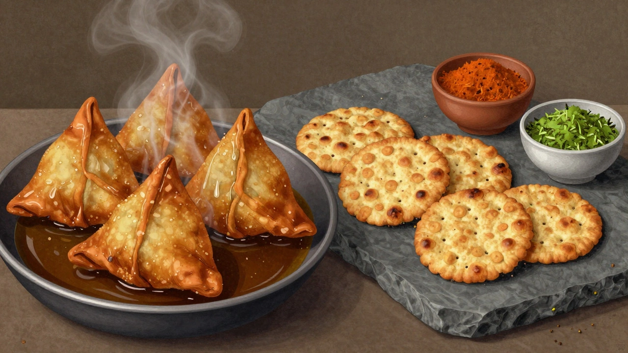 Split image: fried snacks vs. baked healthy Indian snacks with spices