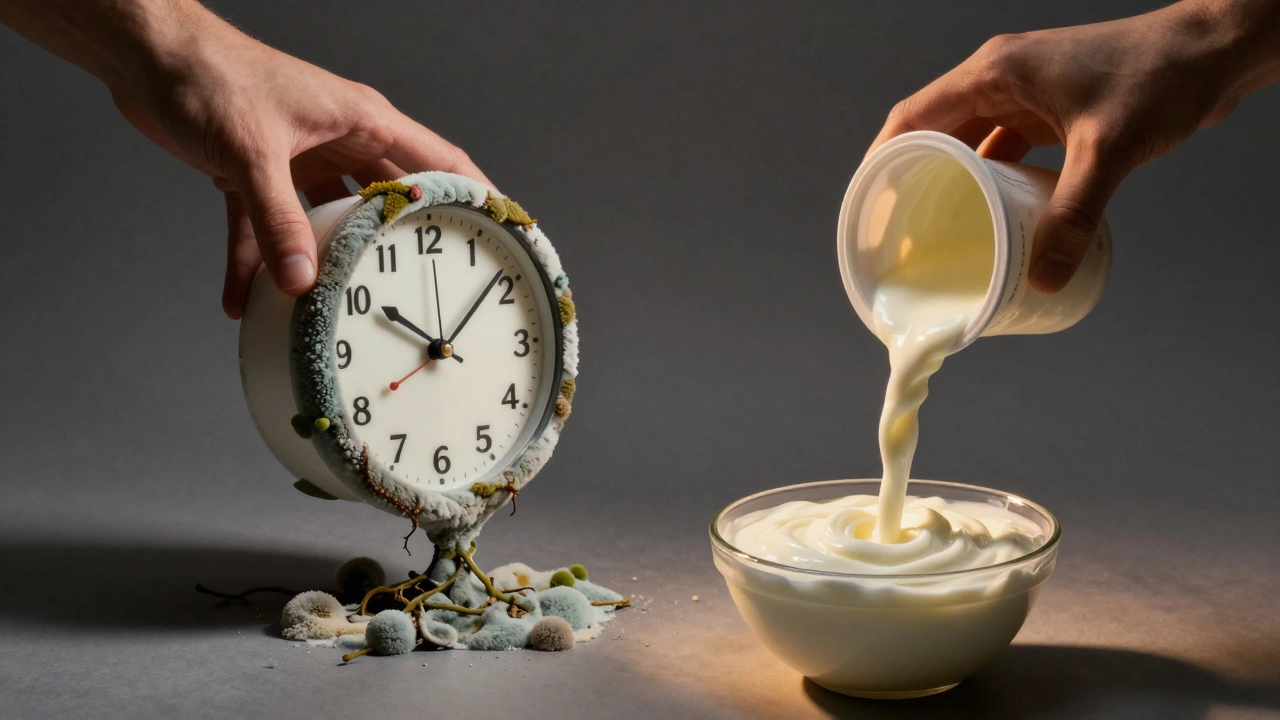 Spoiled yogurt container turning into a clock with mold spreading, hand discarding it.