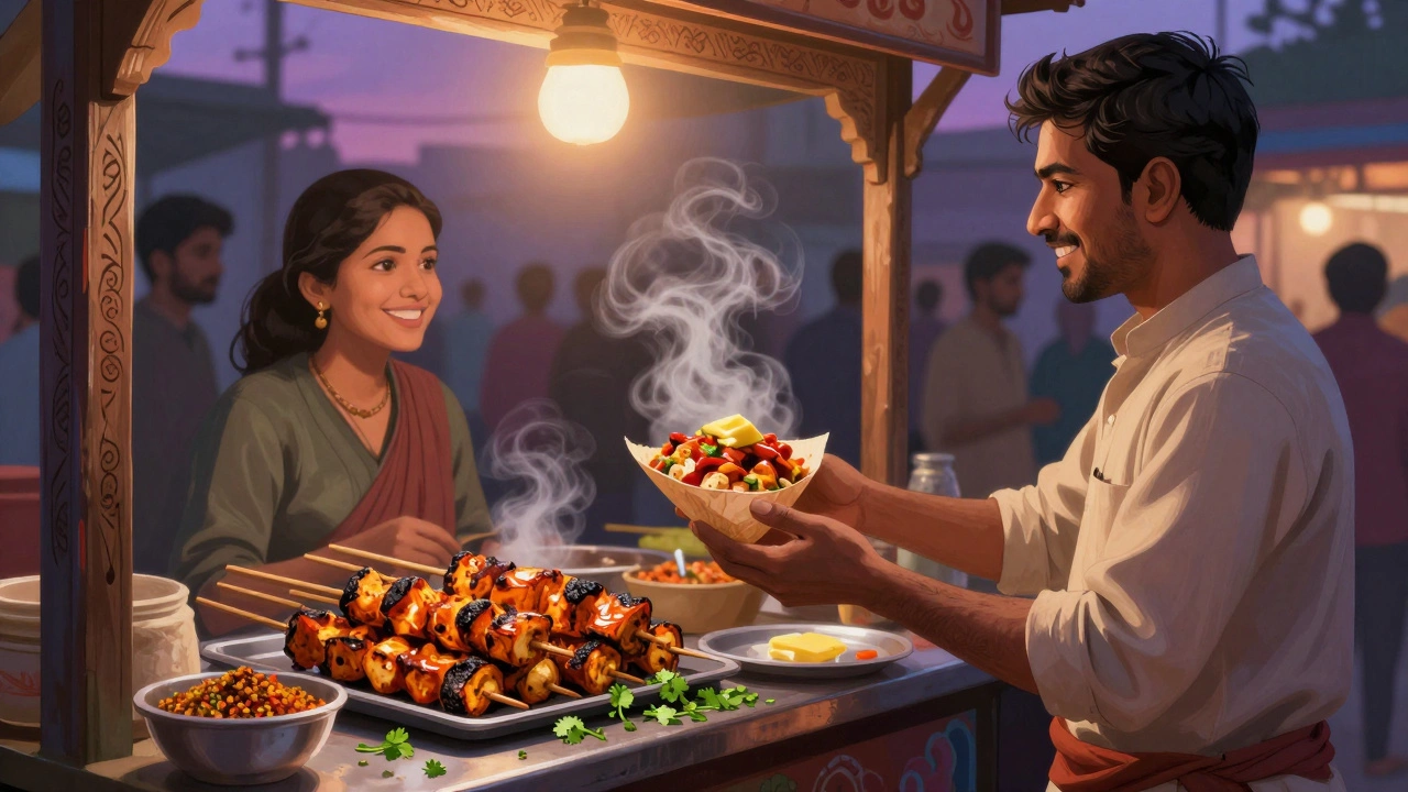 Street vendor in Delhi serving paneer tikka in a paper cone to a customer at dusk.