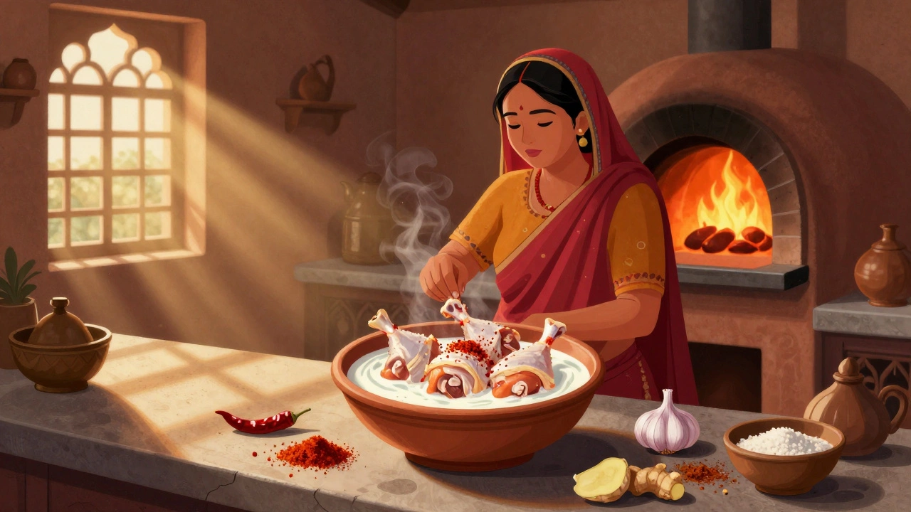 Woman marinating chicken with yogurt and spices in traditional Indian kitchen, tandoor oven glowing in background