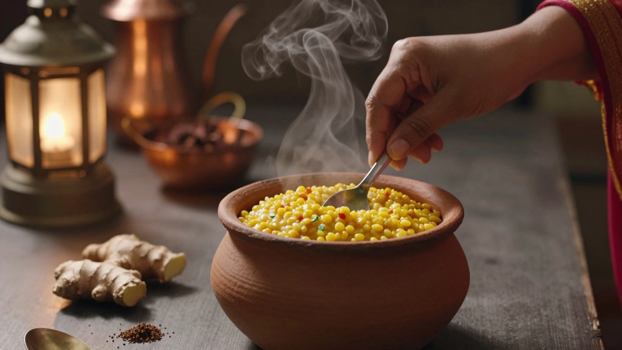 Woman stirring moong dal khichdi in a clay pot with ginger and hing nearby.