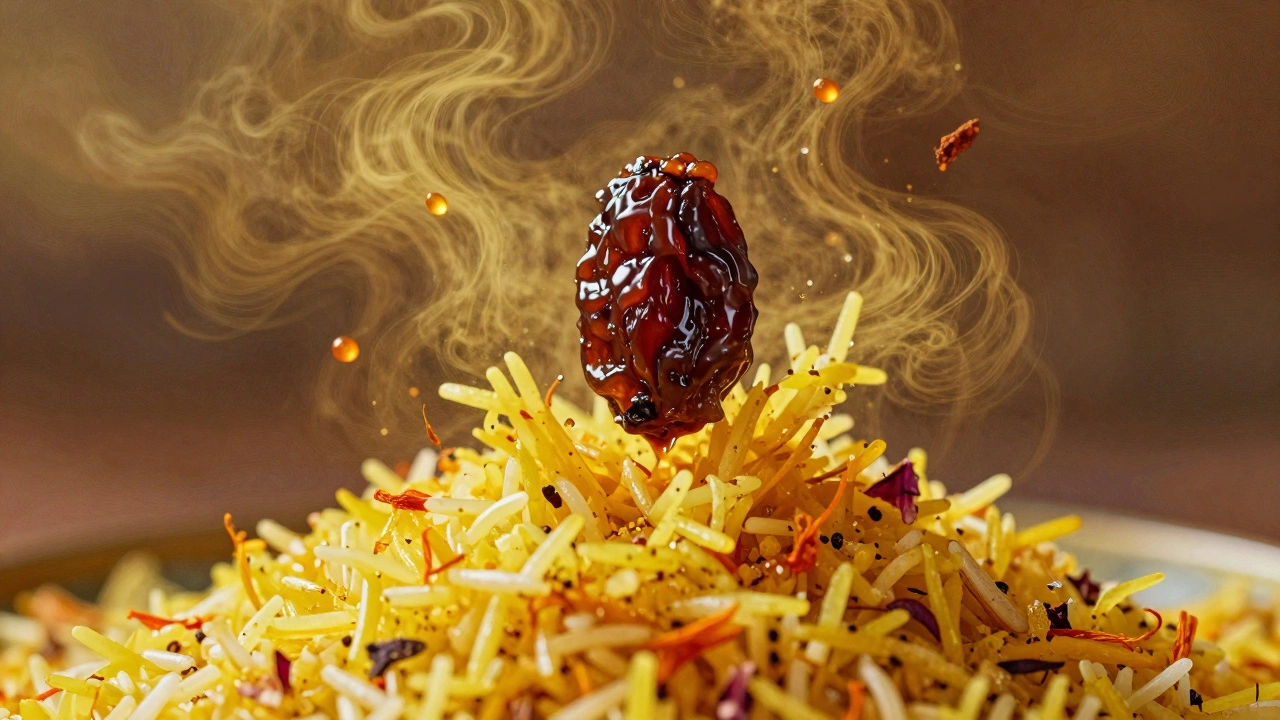 A dark raisin bursting open above saffron rice, releasing sweet droplets into spice-scented air.