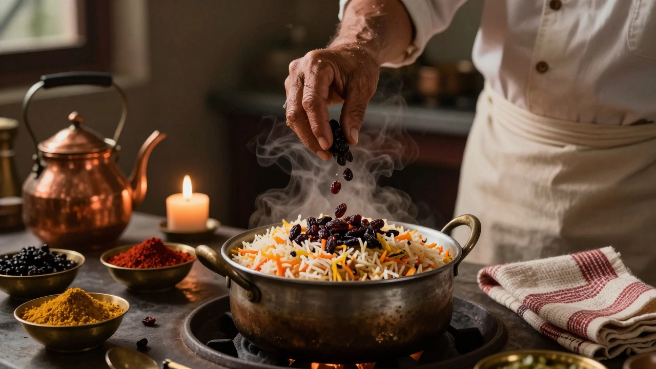 An Indian cook adding soaked raisins to a biryani pot in a warm, candlelit kitchen.