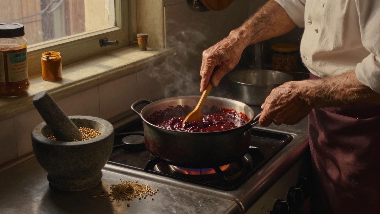 Cook stirring curry base in a kitchen at dusk, whole spices nearby, store-bought powder discarded.