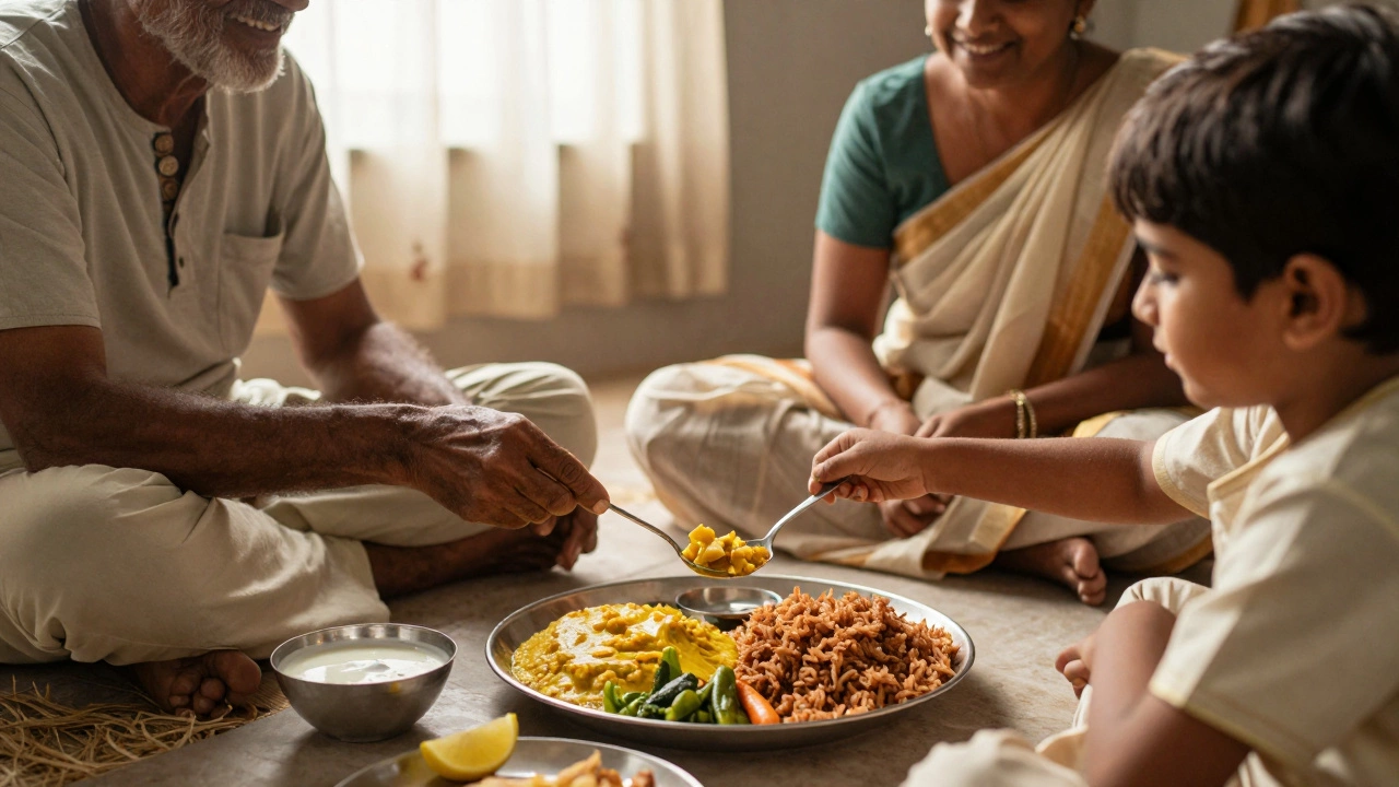 Family sharing dal sambar with brown rice and vegetables in a home meal.