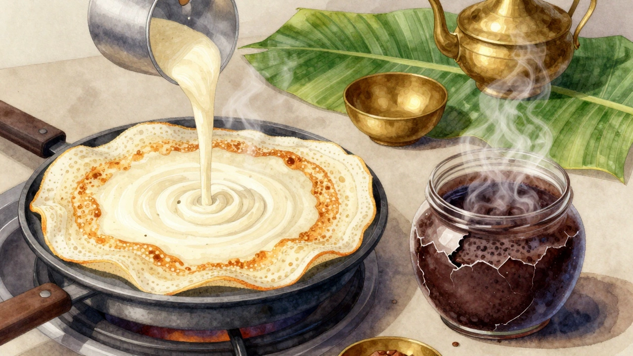 Fresh dosas cooking on a griddle beside over-fermented batter in a jar.