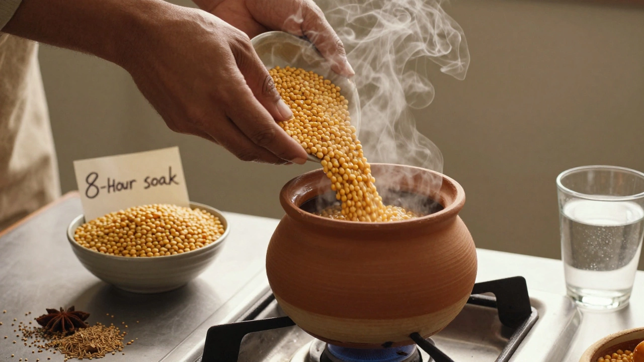 Hands pouring soaked black gram dal into a pot with spices nearby.