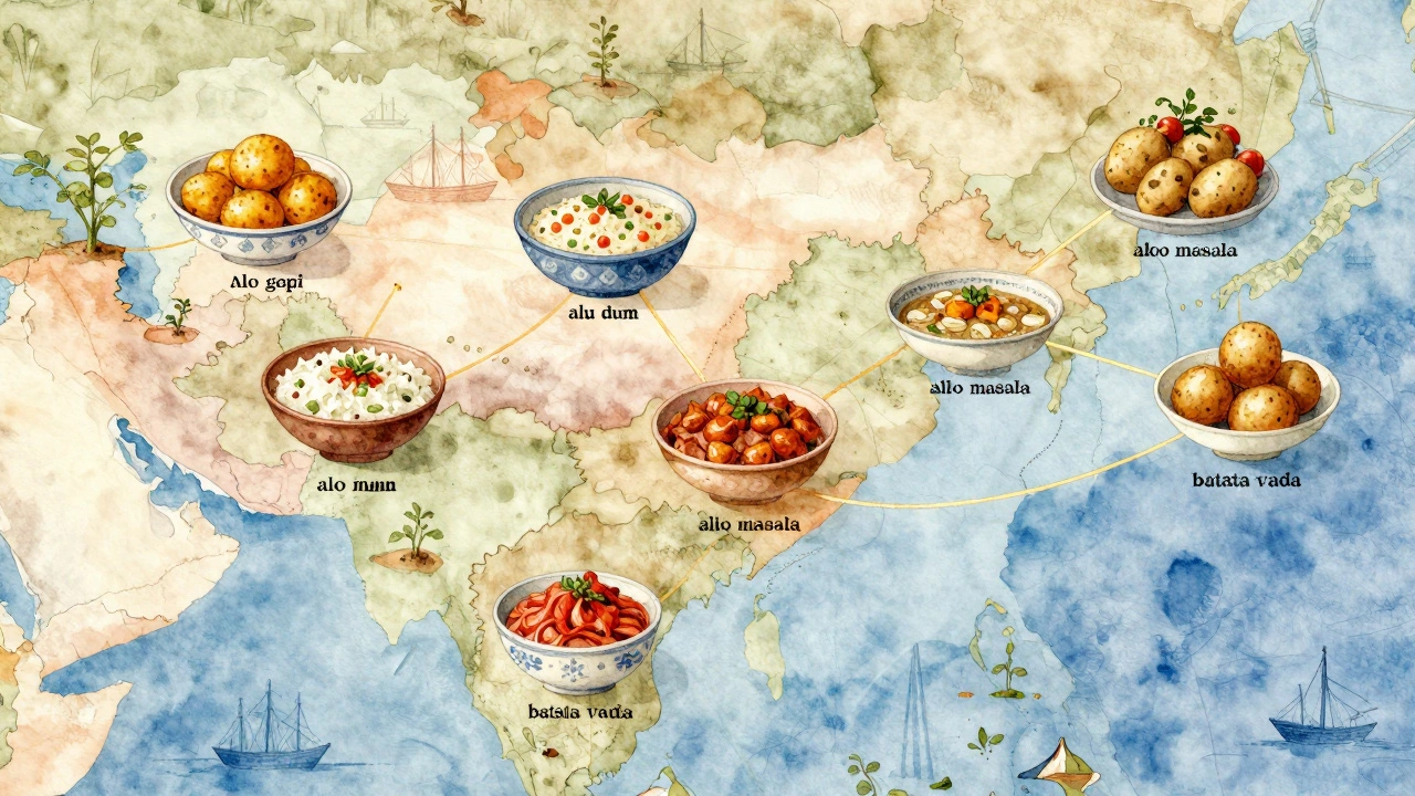 Map of India with regional potato dishes floating above each state in watercolor style.