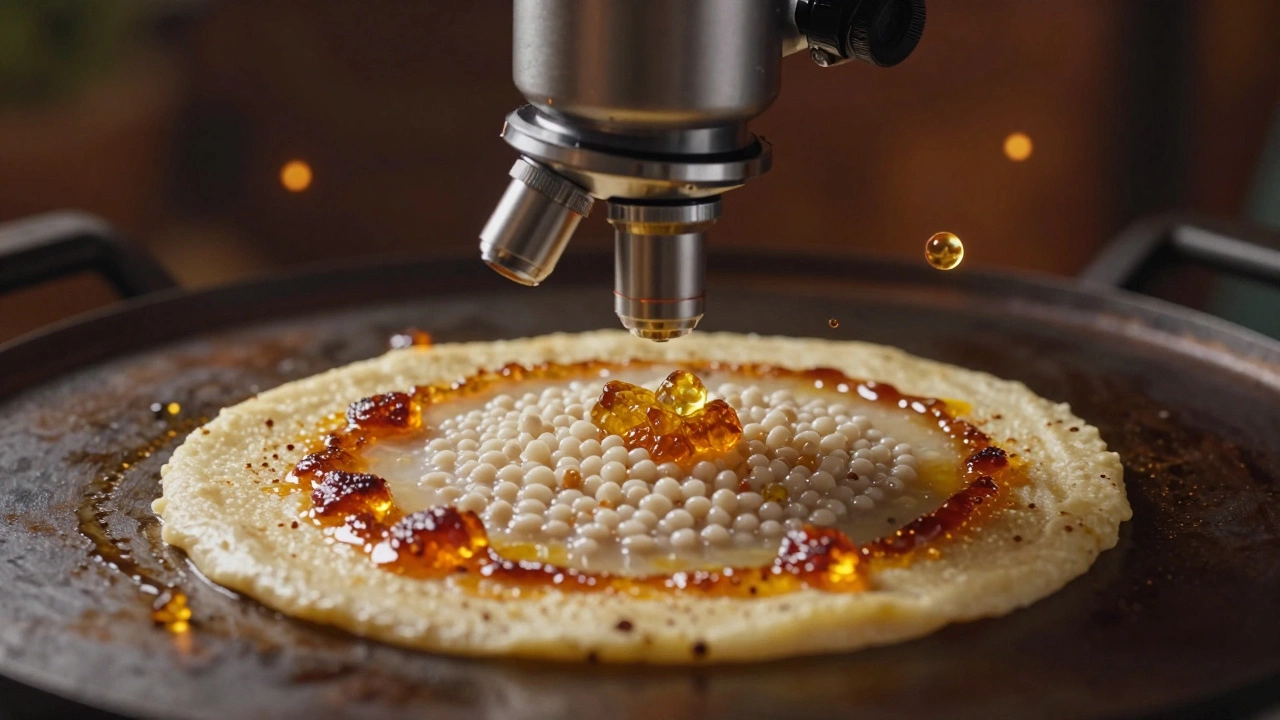 Microscopic view of bacteria fermenting batter into caramelizing sugars on a griddle.