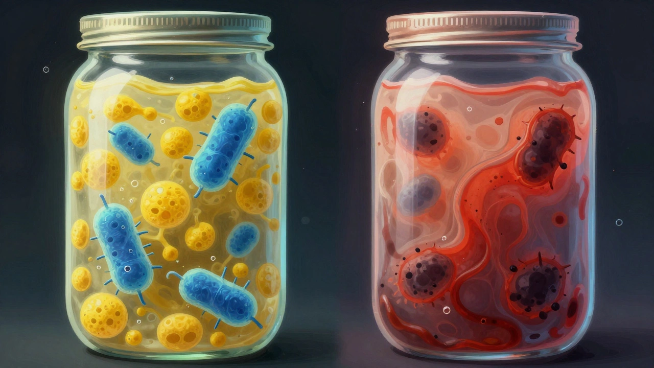 Microscopic view of yeast and bacteria in fermenting batter, showing decline over time.