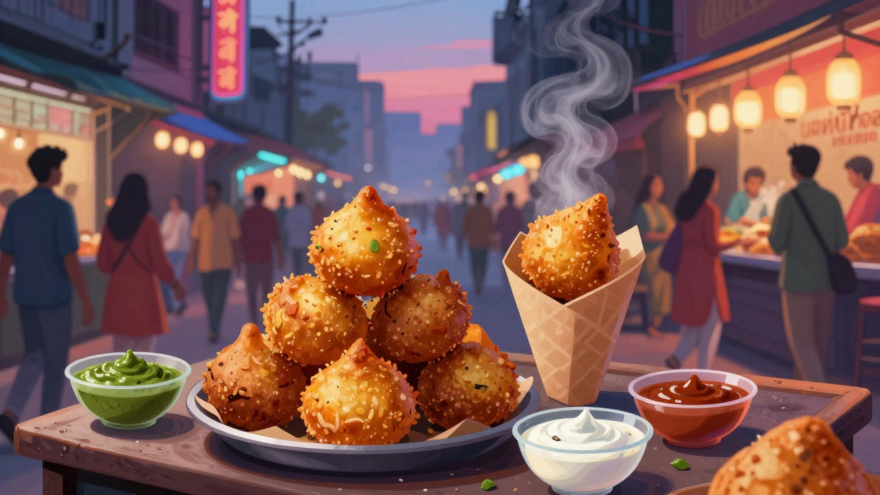 Street food stall serving crispy batata vada and aloo tikki with chutneys in Mumbai.