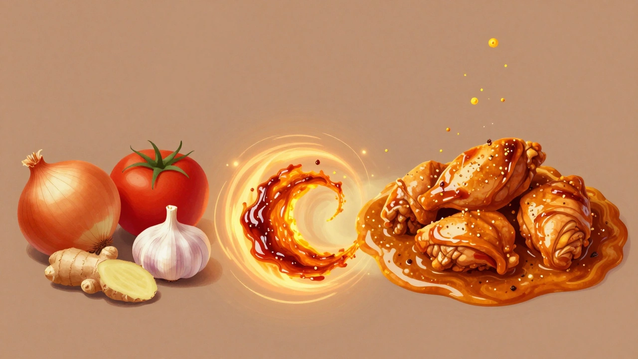 Transformation from raw ingredients to rich curry sauce, with glowing paste and floating spices.