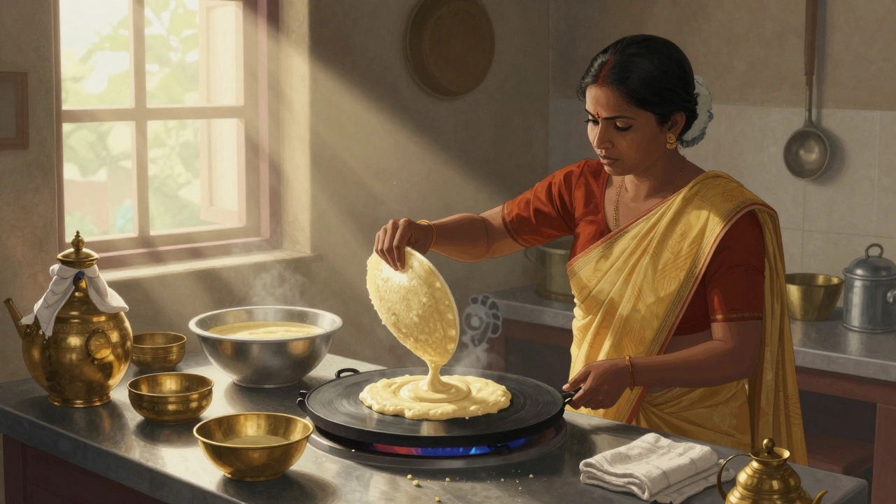 Woman making dosa in a sunlit kitchen with fermentation bowl and traditional utensils.