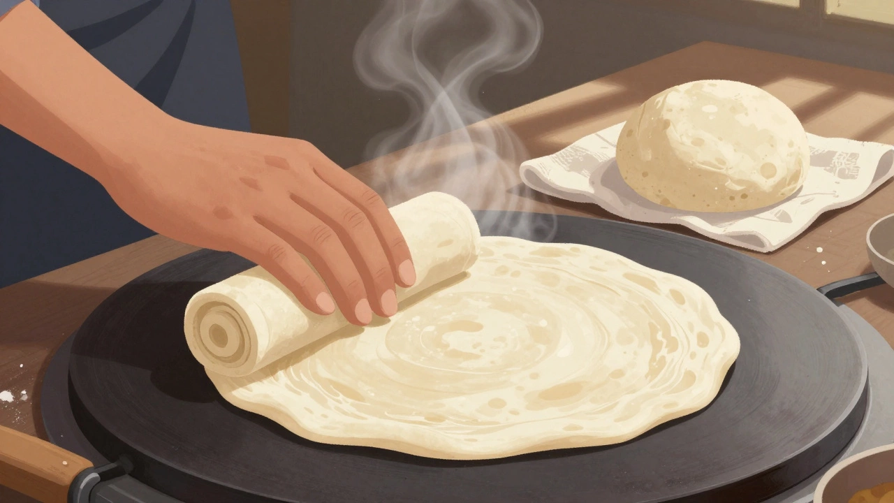 A hand rolling a perfectly puffed roti on a hot tawa, with rested dough visible in the background.