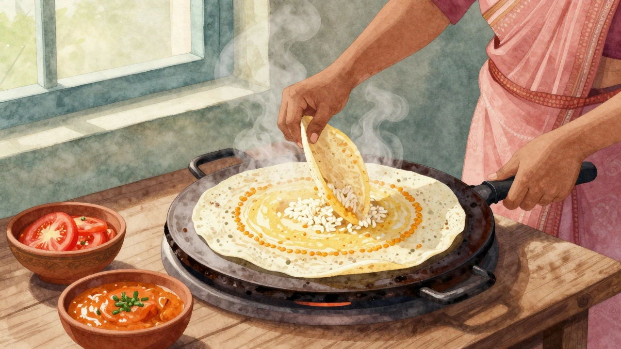 A thin dosa cooking on a hot griddle with sambar and tomato chutney nearby
