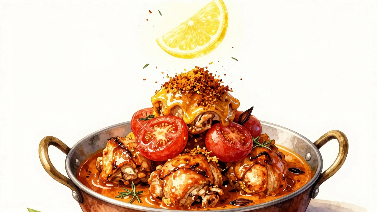 A watercolor flavor pyramid rising from a curry pot, showing key ingredients layered to build depth.