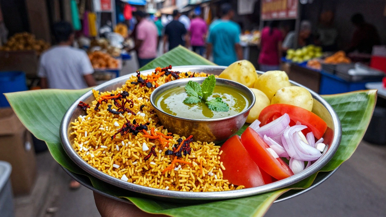 Bhel puri snack in a bowl with puffed rice, roasted sev, and fresh vegetables