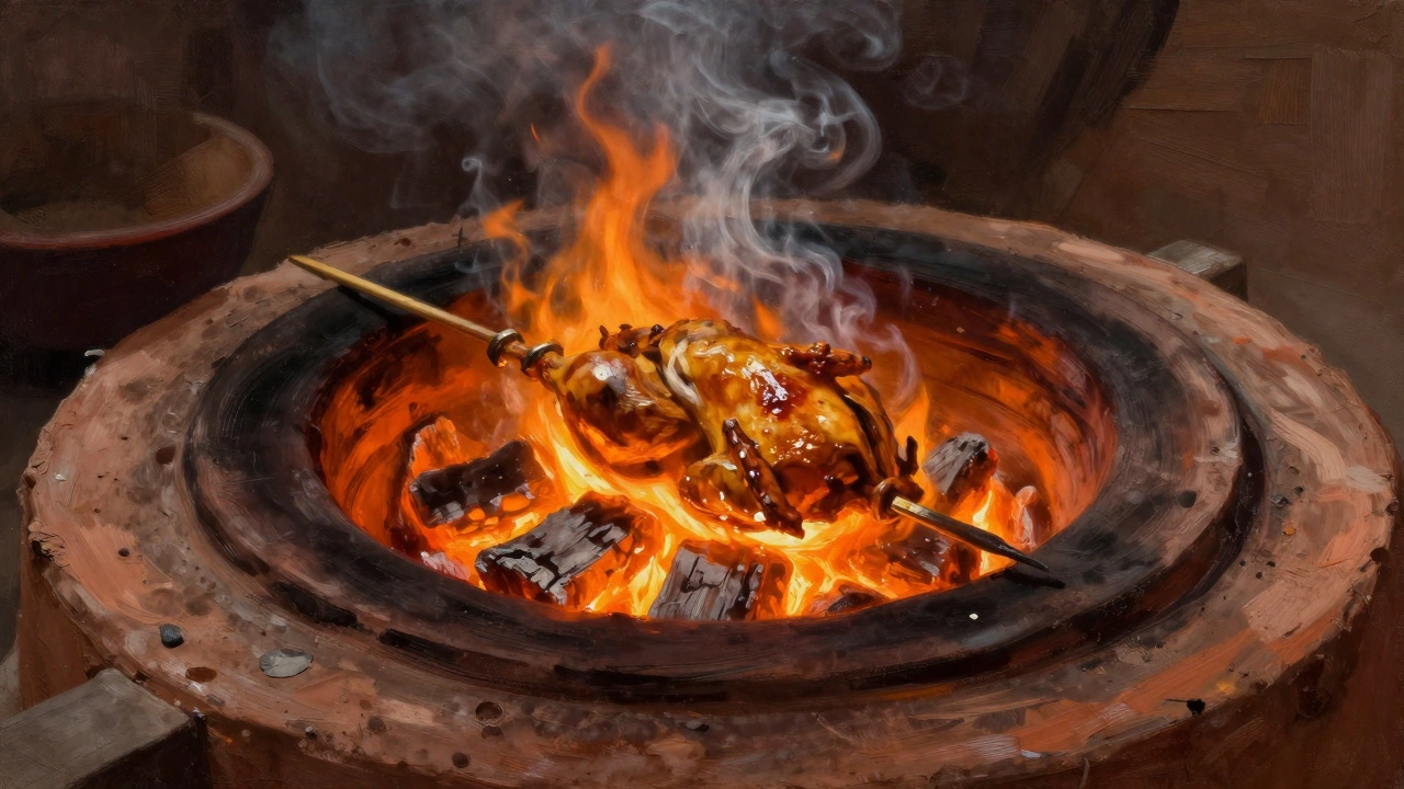 Clay tandoor oven with charcoal fire cooking skewered chicken, smoke rising