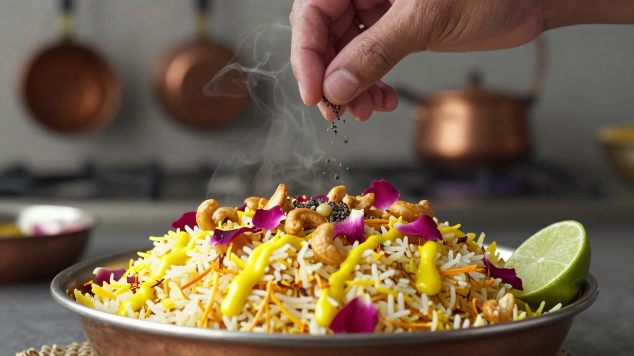 Finished biryani garnished with saffron, cashews, rose petals, and lime.
