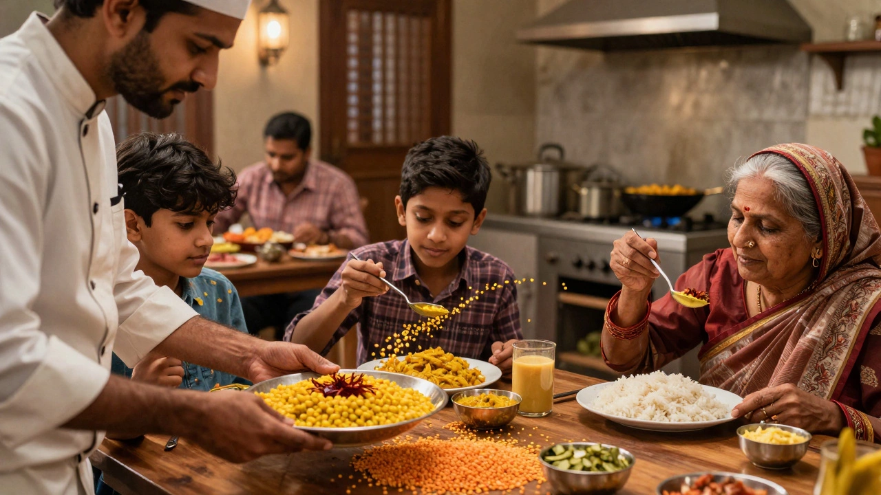 People across India enjoying dal in urban and rural settings, connected by swirling lentils.