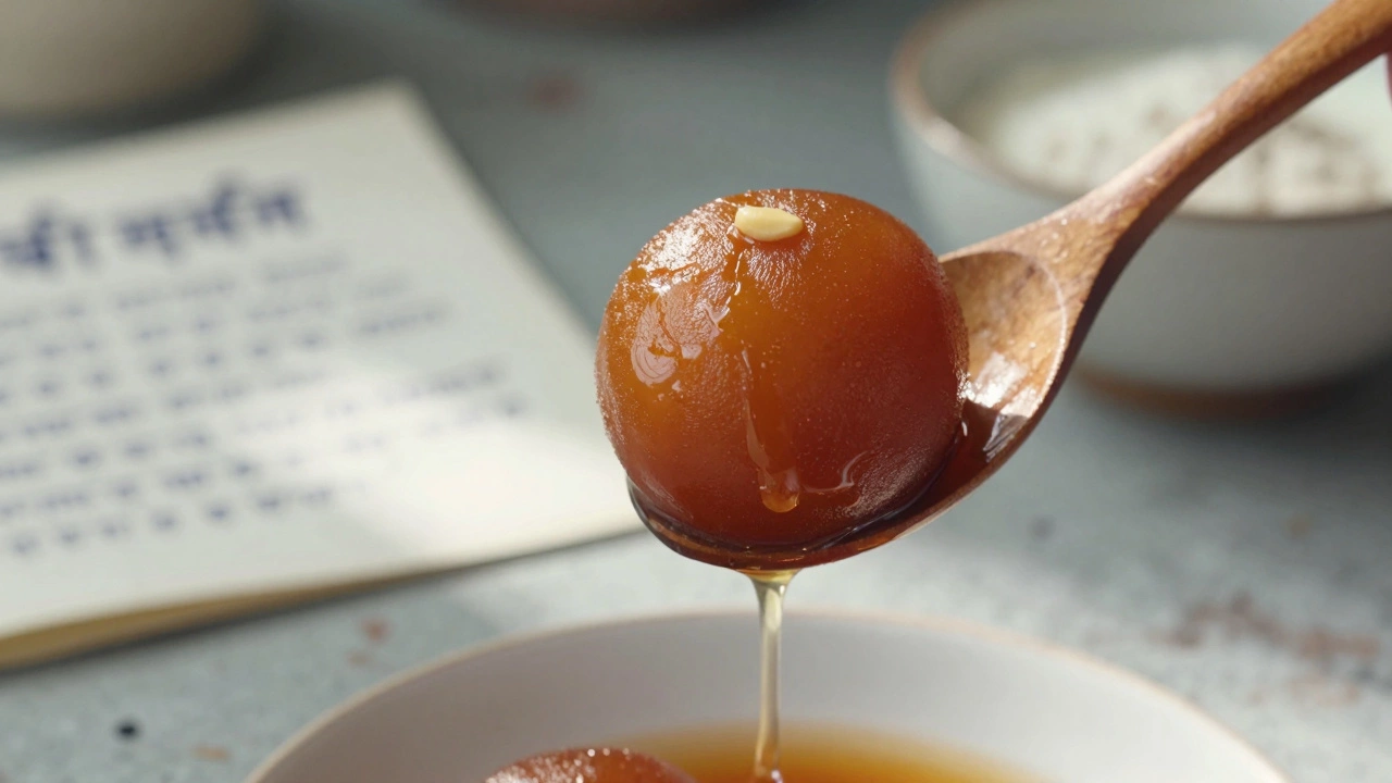 A single gulab jamun being lifted from syrup, revealing its soft interior, with a handwritten recipe in the background.