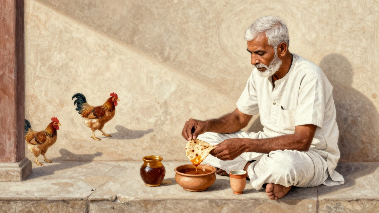An elderly man eating roti dipped in buttermilk on his doorstep at sunrise.
