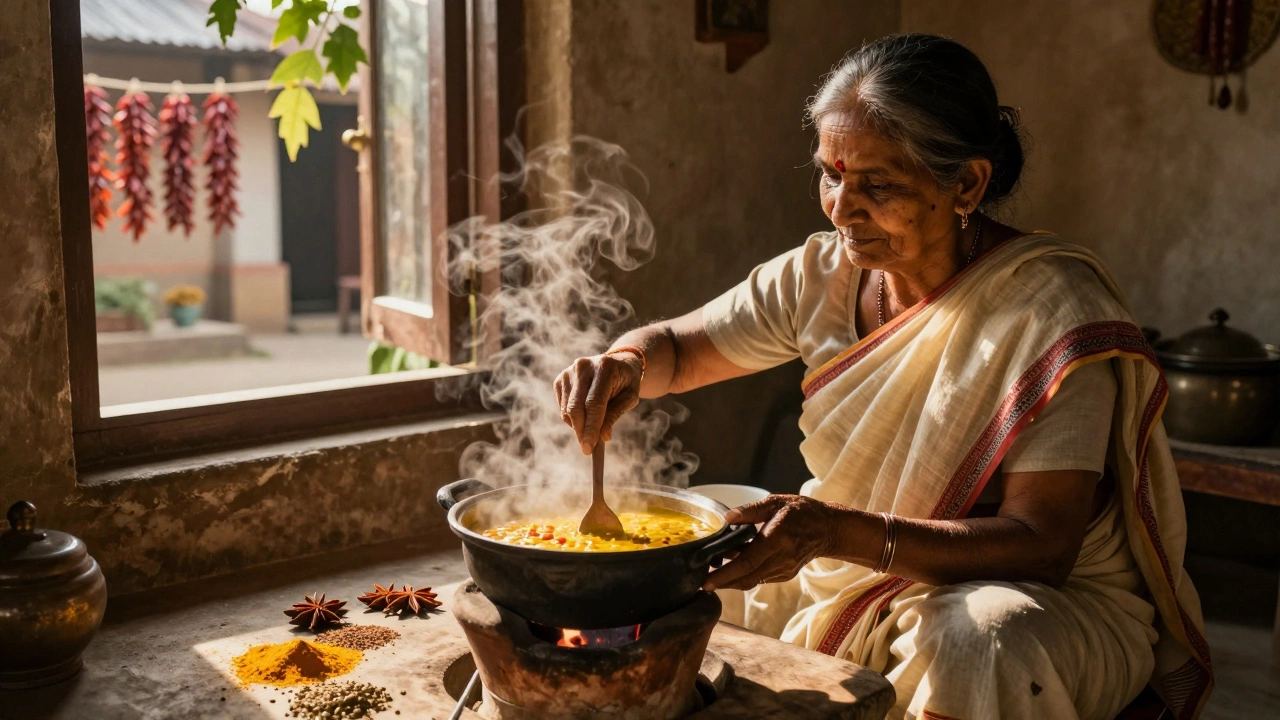 An elderly woman cooking dal over a clay stove, surrounded by spices and natural light in a rural Indian home.