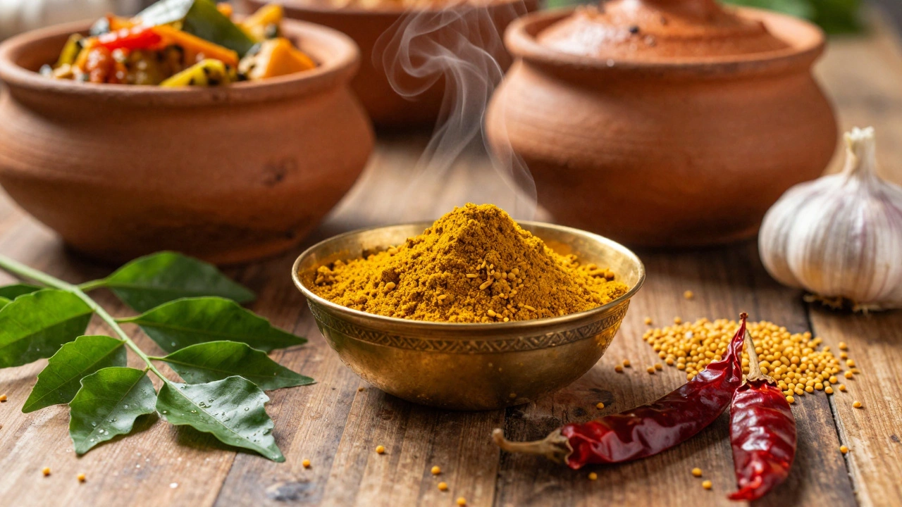 Brass bowl of asafoetida spice with curry leaves and chilies on kitchen counter.