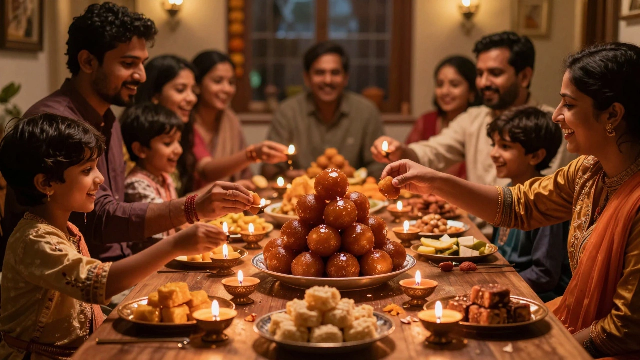 Families celebrating Diwali with a towering stack of gulab jamun as the centerpiece of a festive table.