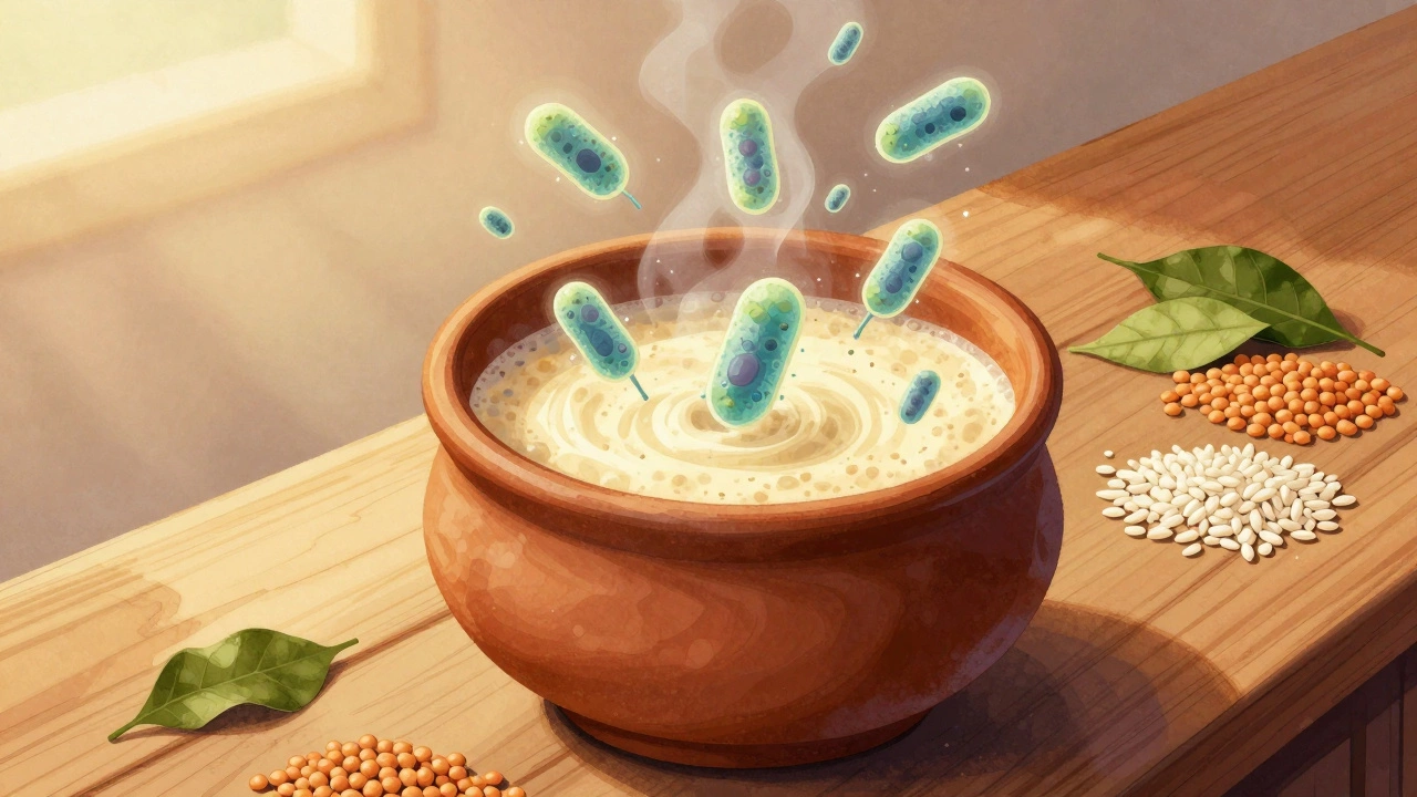 Fermenting dosa batter in a clay pot with glowing beneficial bacteria swirling above it.