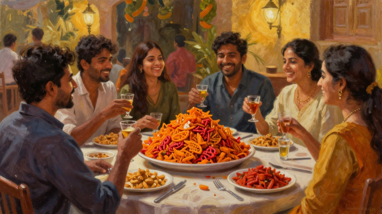 Friends sharing street food platter at night gathering